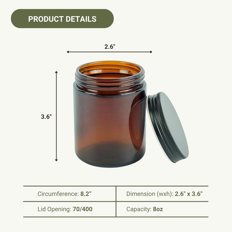 Nature Packaged Glass Amber 8oz Jar - 12 Packs, Empty Round Jars For Beauty Products, Lotion, and Powders - Black Lid - Small Candle Jars - Image 4
